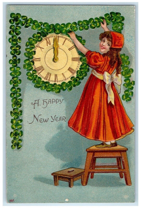 1910 New Year Girl Decorating Clock Shamrock Embossed Mcintosh MN Postcard