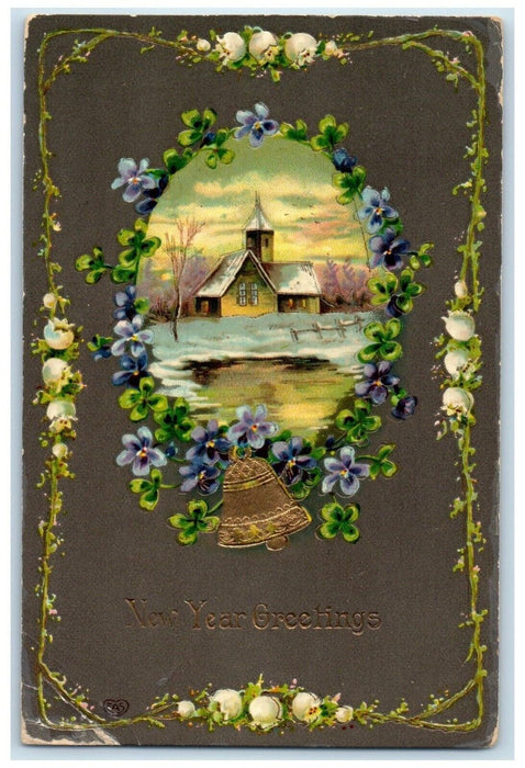 1910 New Year Greetings Ringing Bell Flowers Gel Gold Gilt Excelsior MN Postcard