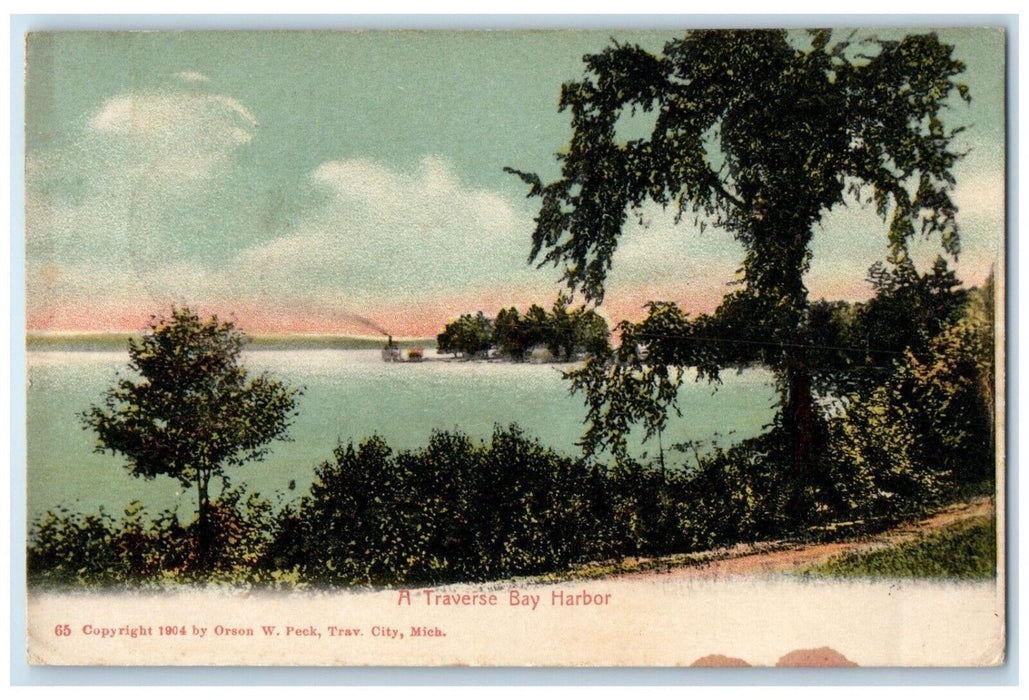 1907 Scenic View Steamer Ship Traverse Bay Harbor Michigan RPO Vintage Postcard