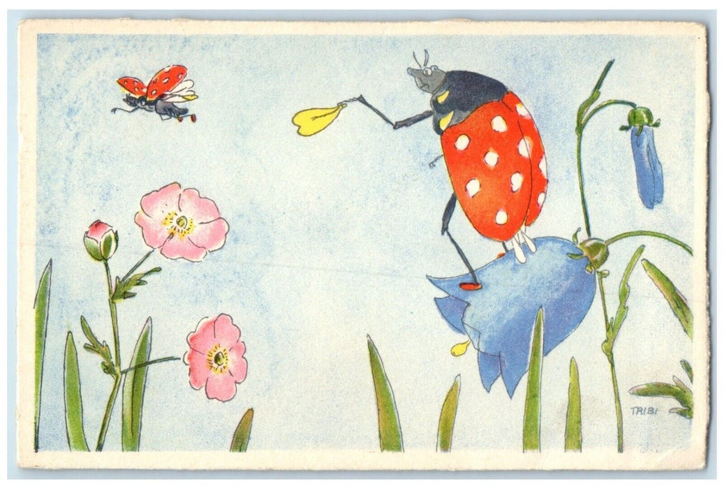 1957 Lady Bug And Butterfly Flowers Boston Massachusetts MA Antique Postcard