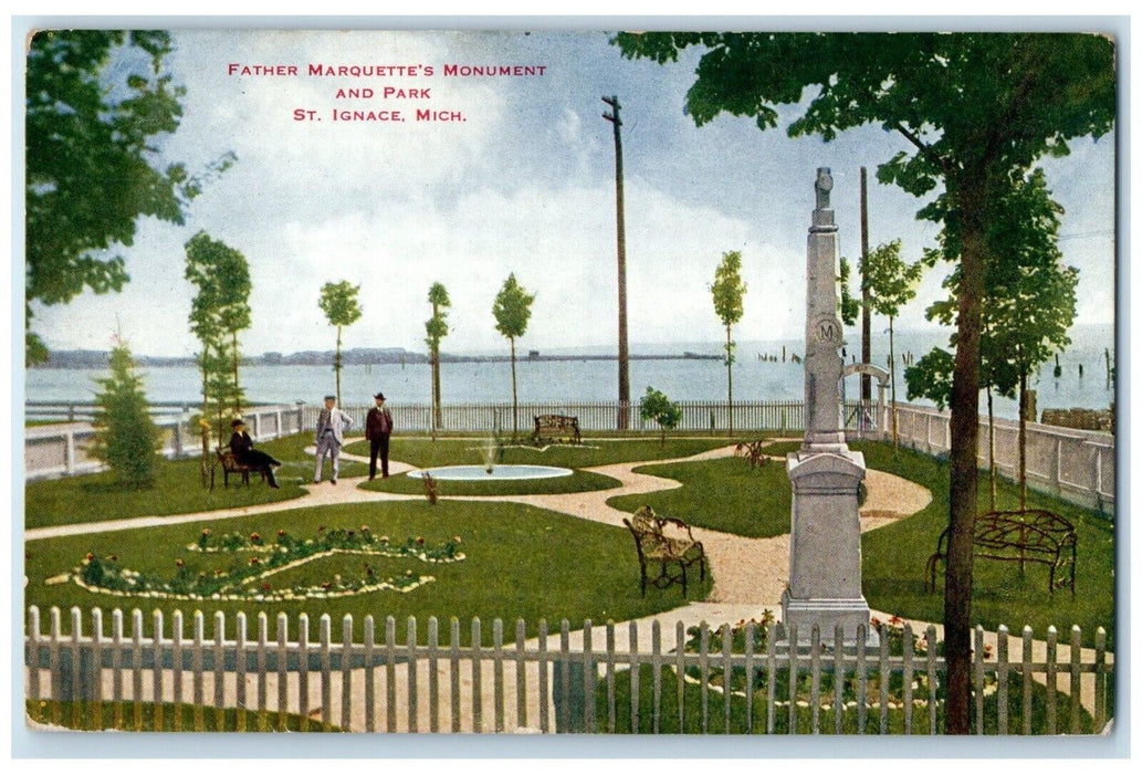 1910 Father Marquette Monument Park St Ignace Michigan Unposted Vintage Postcard