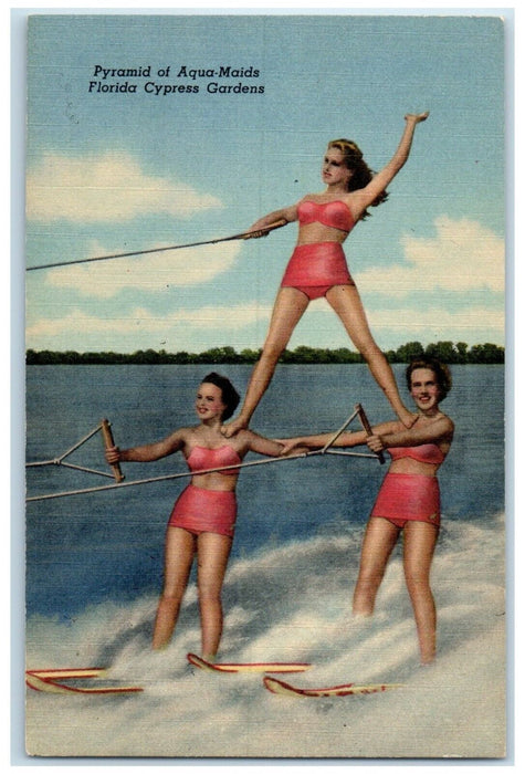c1940 Pyramid Aqua-Maids Florida Cypress Gardens Water Skiing Pyramid Postcard