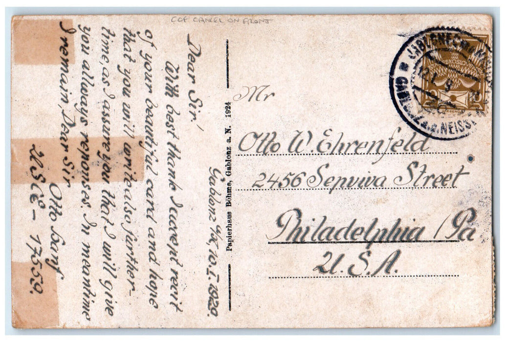 1929 Obergablonz COF Cancel on Front Jablonec nad Nisou Czechia Postcard