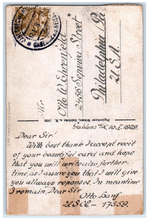 1929 Obergablonz COF Cancel on Front Jablonec nad Nisou Czechia Postcard