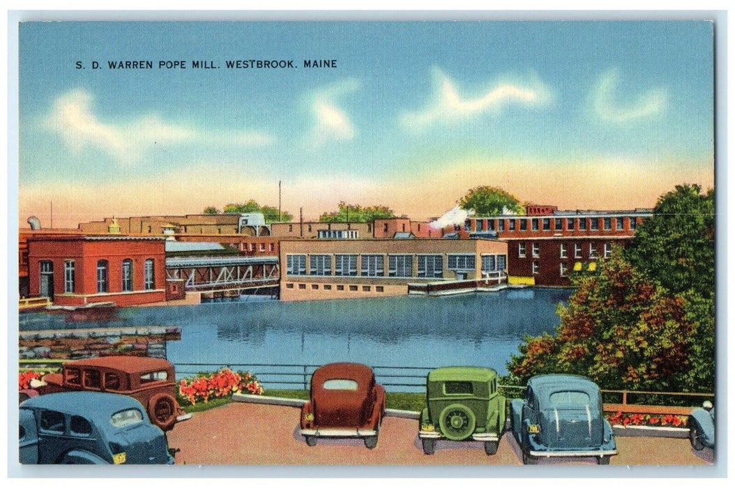 c1940 S.D. Warren Pope Mill Classic Car Exterior Lake Westbrook Maine Postcard