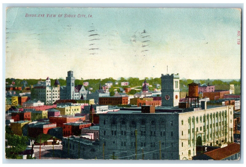 1908 Bird's Eye View Of Sioux City Iowa IA, Buildings Scene Antique Postcard