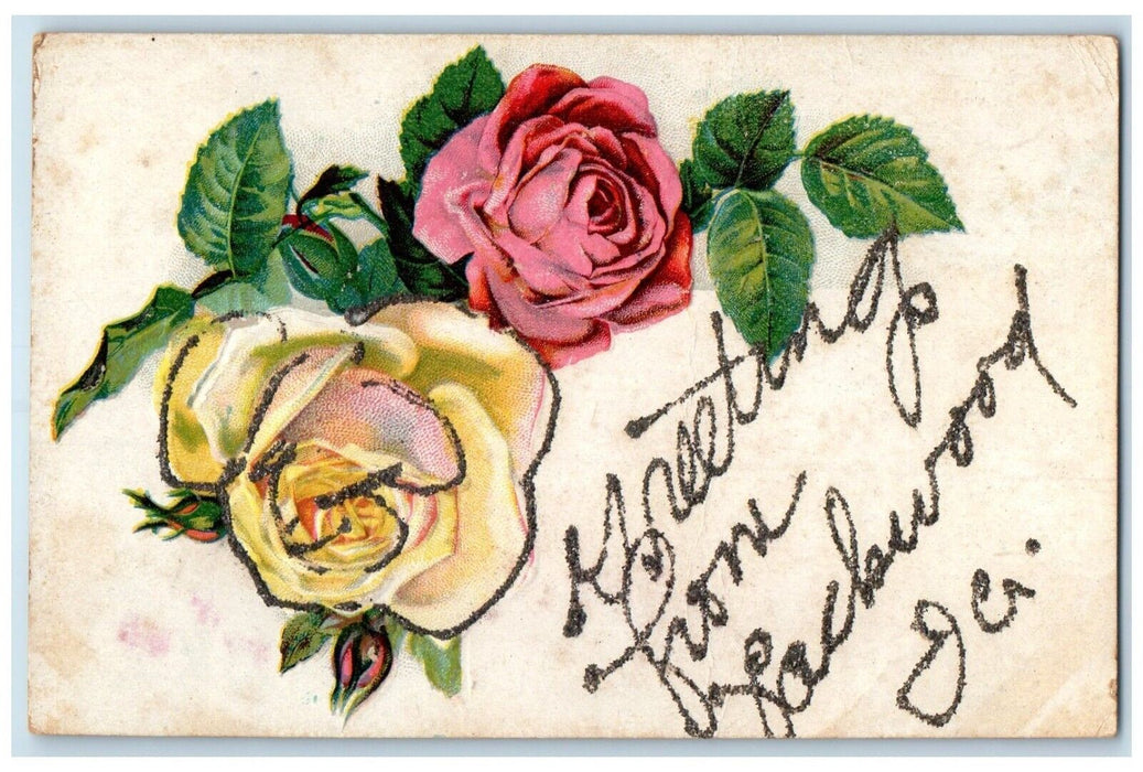 c1910's Greetings From Packwood Iowa IA, Flowers Glitter Embossed Postcard