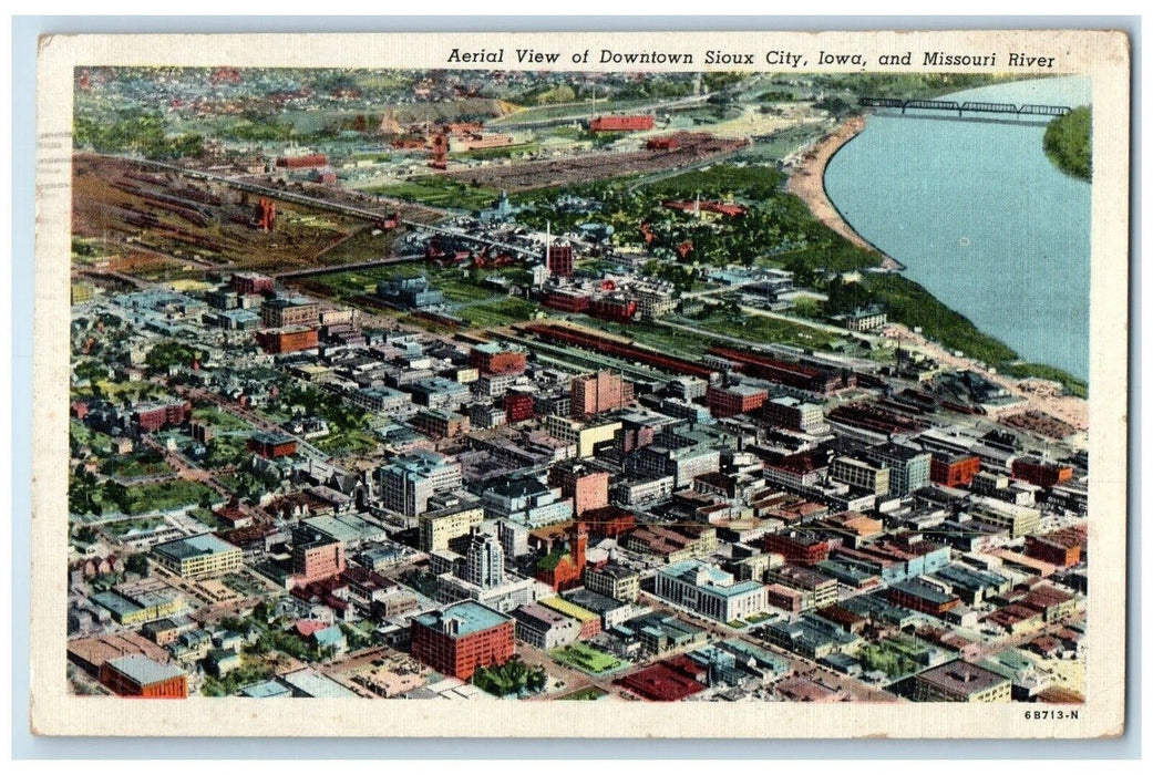 1950 Aerial View Of Downtown Sioux City Iowa And Missouri River Vintage Postcard