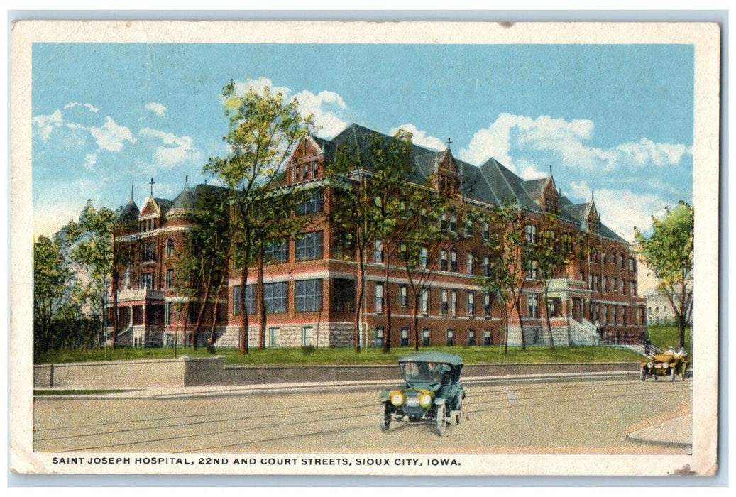 1917 Saint Joseph Hospital 22nd And Court Streets Cars Sioux City IA Postcard