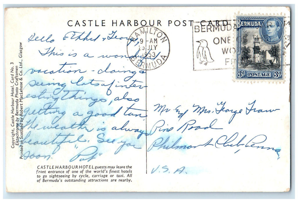 1953 View of The Castle Harbour Hotel Bermuda Vintage Posted Postcard