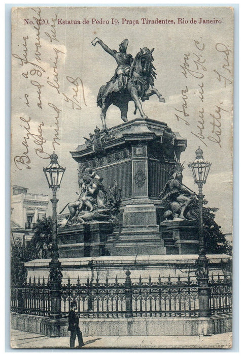 1908 Statue of Pedro Praca Tirandentes Rio De Janeiro Brazil Postcard