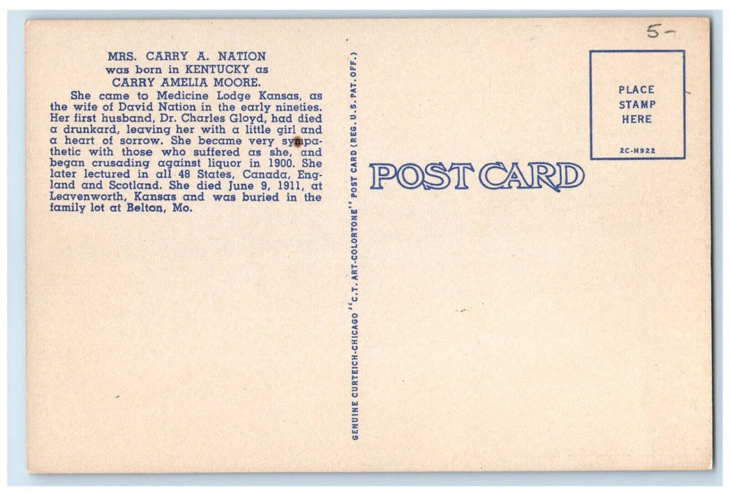 c1940 Carry Nation Home Carry Amelia Moore Medicine Lodge Kentucky KY Postcard
