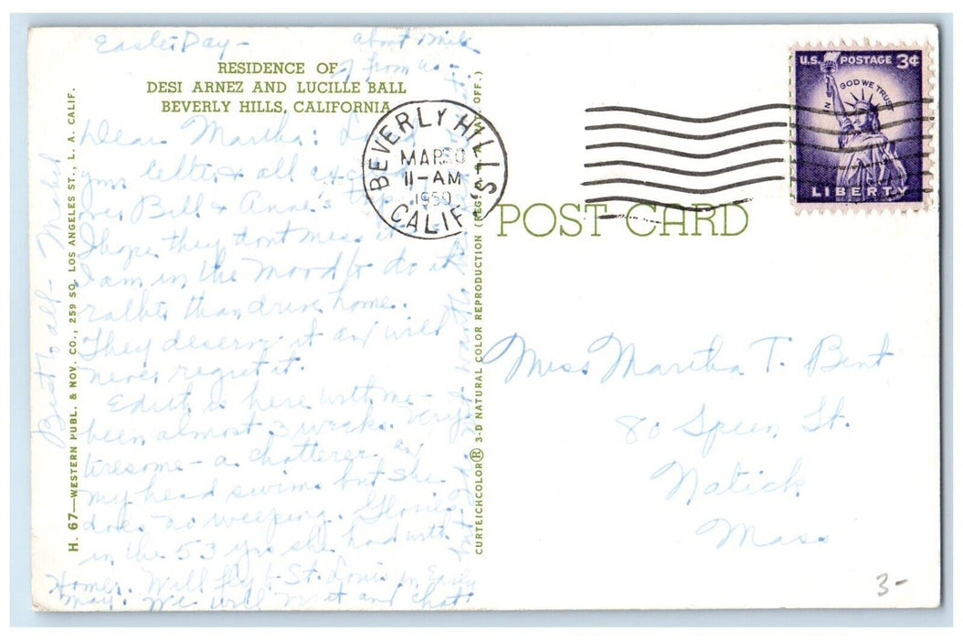 1959 Residence Desi Arnez Lucille Ball Road Beverly  Hills California Postcard