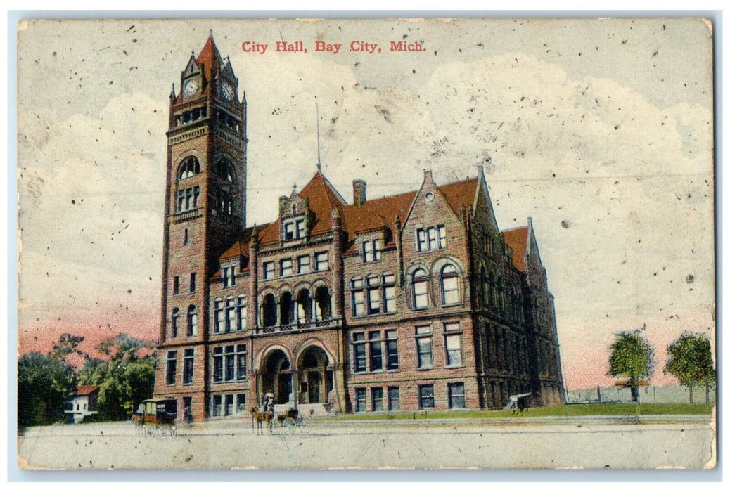 1908 Front View City Hall Building Horse Carriage Bay City Michigan MI Postcard