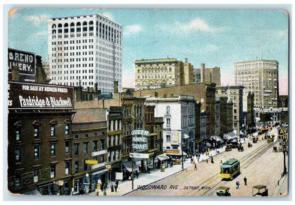 1909 Aerial View Woodward Avenue Streetcars Detroit Michigan MI Vintage Postcard