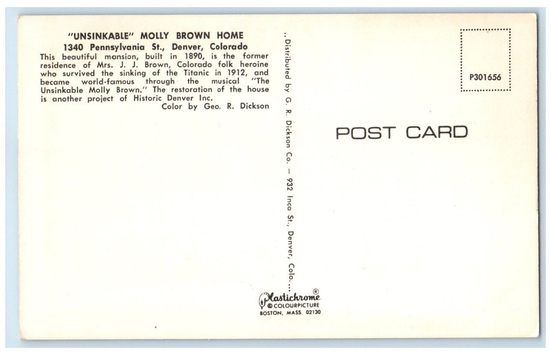 c1960 Unsinkable Molly Brown Home Mansion Pennsylvania Denver Colorado Postcard