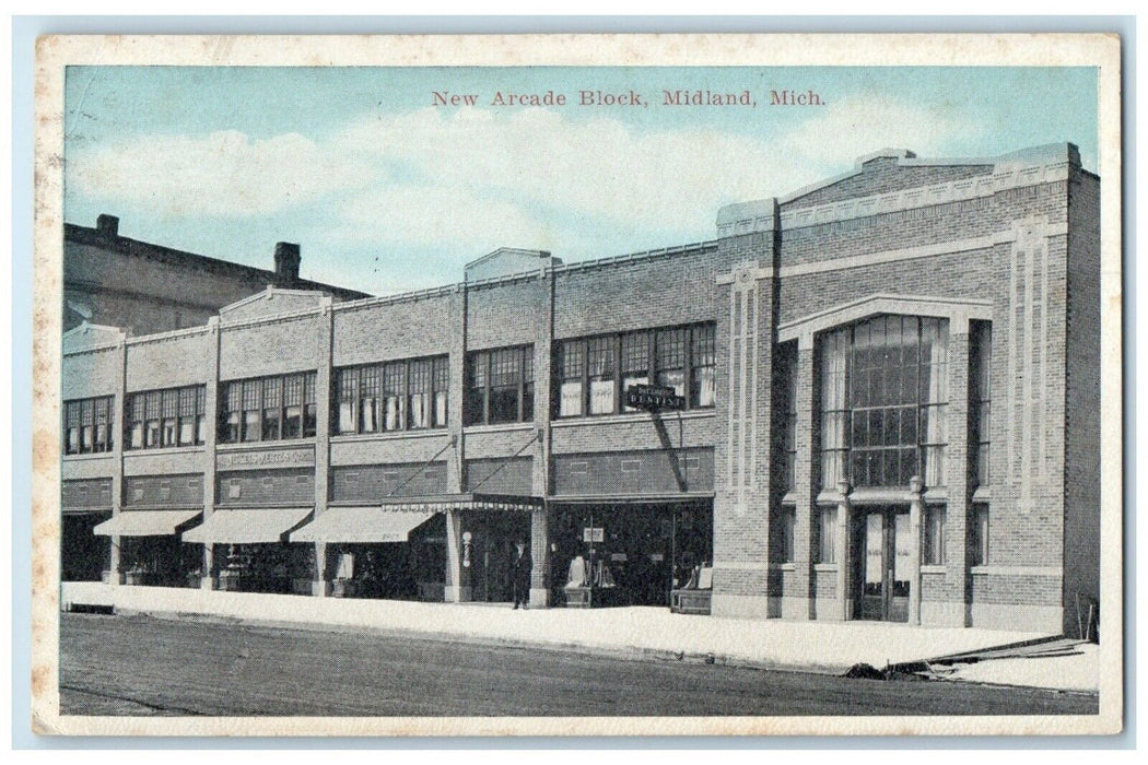 1917 Exterior View New Arcade Block Building Midland Michigan Antique Postcard