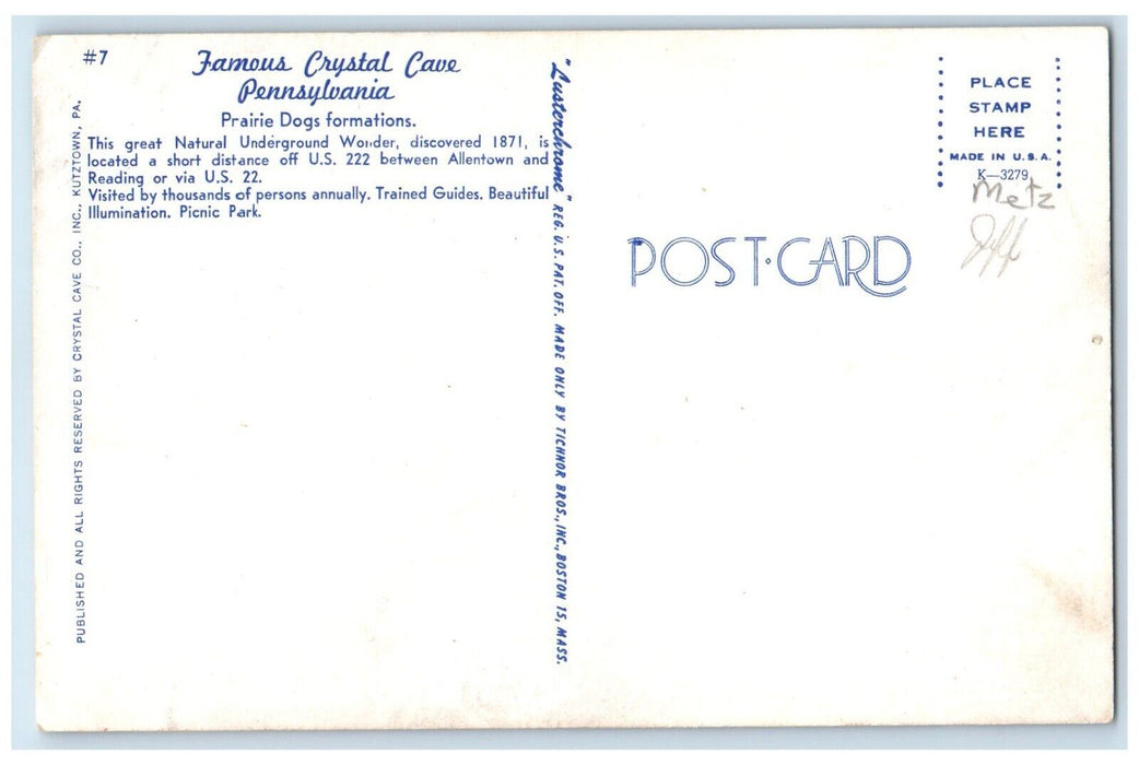 c1960 Praire Dogs Famous Crystal Cave Pennsylvania PA Vintage Unposted Postcard