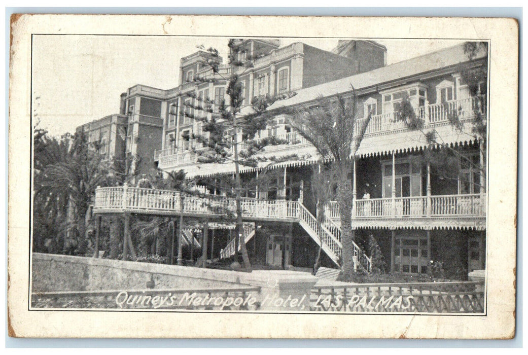c1920's Quiney's Metropole Hotel Las Palmas Spain Antique Posted Postcard