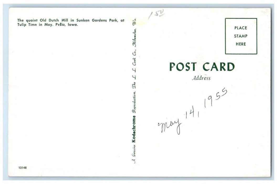 1955 The Quaint Old Dutch Mill In Sunken Gardens Park Pella Iowa IA Postcard