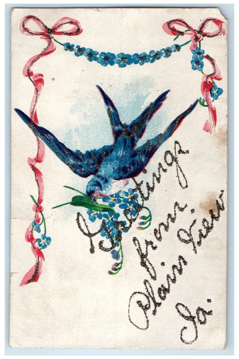 c1910's Greetings From Plain View Iowa IA, Glitter Birds Flowers Posted Postcard