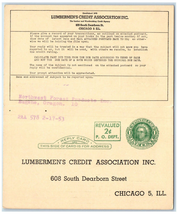 1953 Lumberment's Credit Association Inc Chicago Illinois IL Postal Card