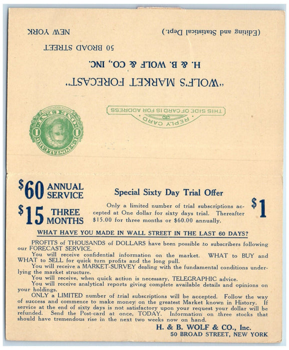 1927 Wolf's Market Forecast Broad Street New York NY Fold Out Postal Card