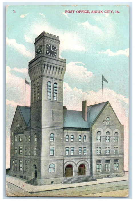 1908 Post Office Building Clock Tower Sioux City Iowa IA Posted Antique Postcard
