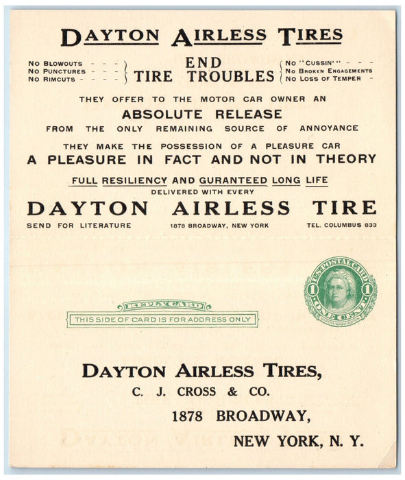 1912 Dayton Aireless Tires Broad Street New York NY Fold Out Postal Card