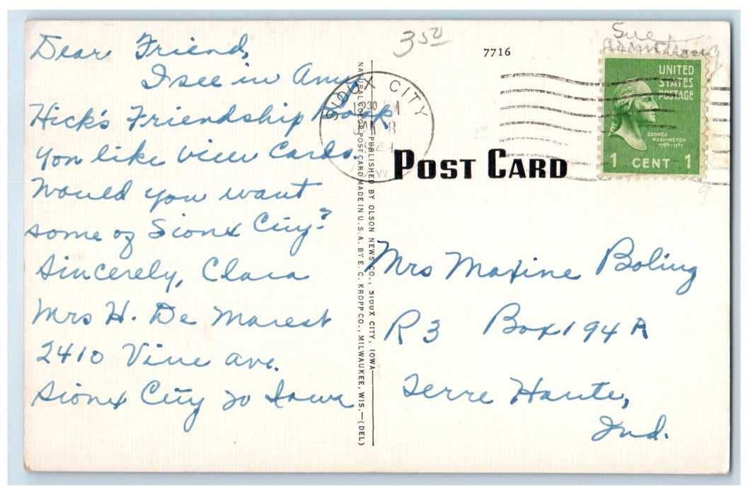 1941 Post Office Building Street View Sioux City Iowa IA Posted Vintage Postcard