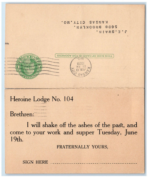 1928 Phoenix Heroine Lodge 104 A.F. & A.M. Kansas City MO Fold Out Postal Card