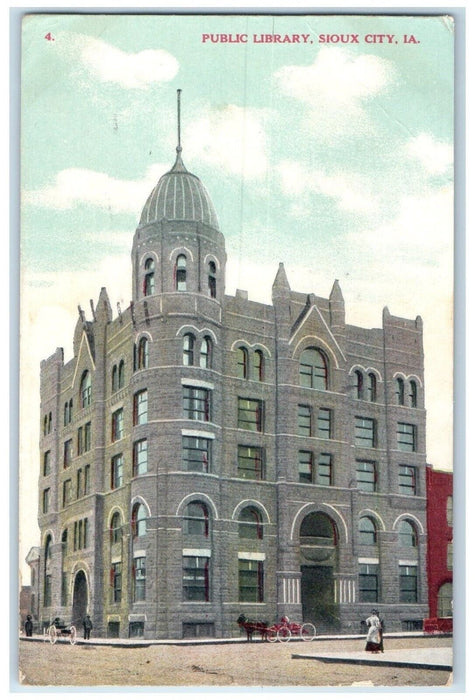 1908 Public Library Building Horse And Wagon Sioux City Iowa IA Antique Postcard