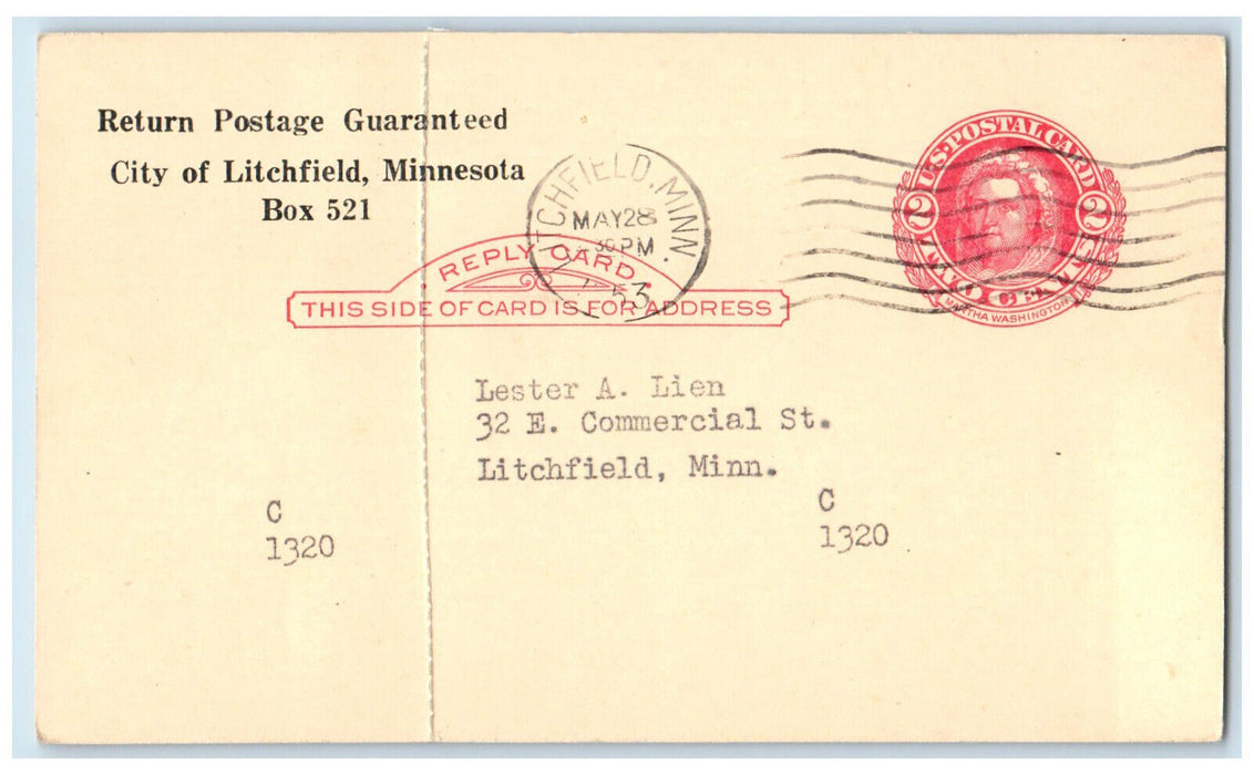 1953 Utilities Dept. City of Litchfield Minnesota MN Posted Vintage Postal Card