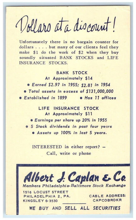 1956 Albert J Caplan & Co. Philadelphia Pennsylvania PA Vintage Postal Card