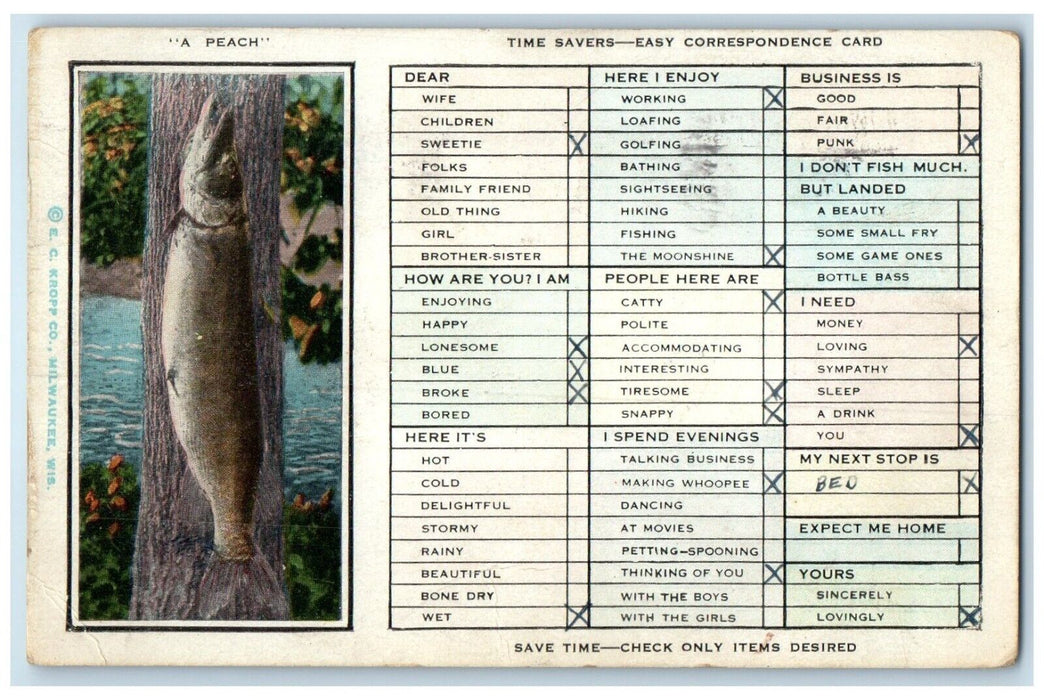1931 A Peach Fish Checklist Correspondence Oxford Ohio OH Vintage Postcard