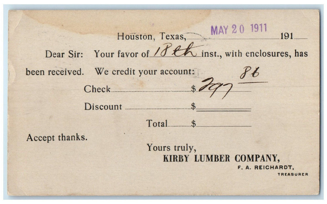 1911 Kirby Lumber Company Houston Texas TX Posted Antique Postal Card