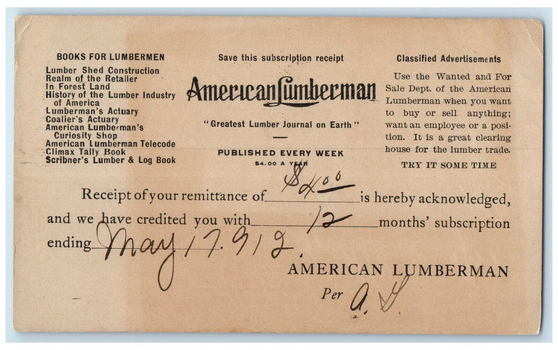 1912 Subscription Ending American Lumberman Chicago Illinois IL Postal Card