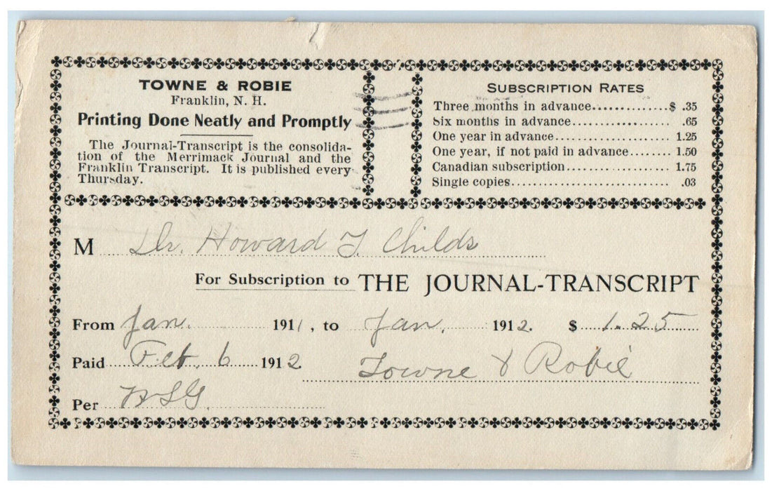 1912 Towne & Robie Franklin New Hampshire NH Posted Antique Postal Card