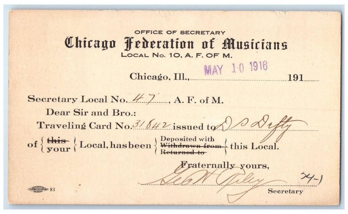 1916 Chicago Federation of Musicians Chicago Illinois IL Posted Postal Card
