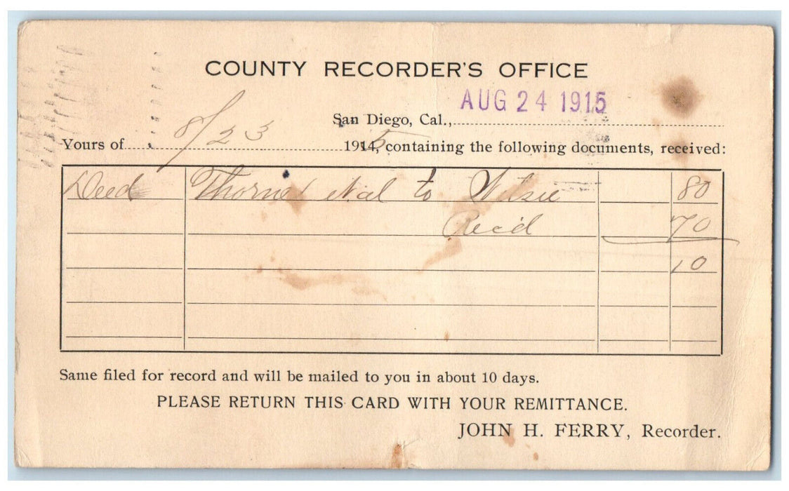 1915 County Recorder's Office San Diego California CA Posted Postal Card