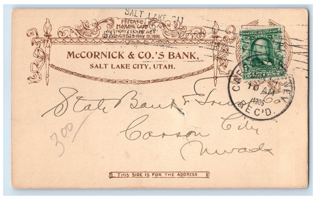 1905 McCornick & Co's Bank Salt Lake City Utah UT Posted Postal Card