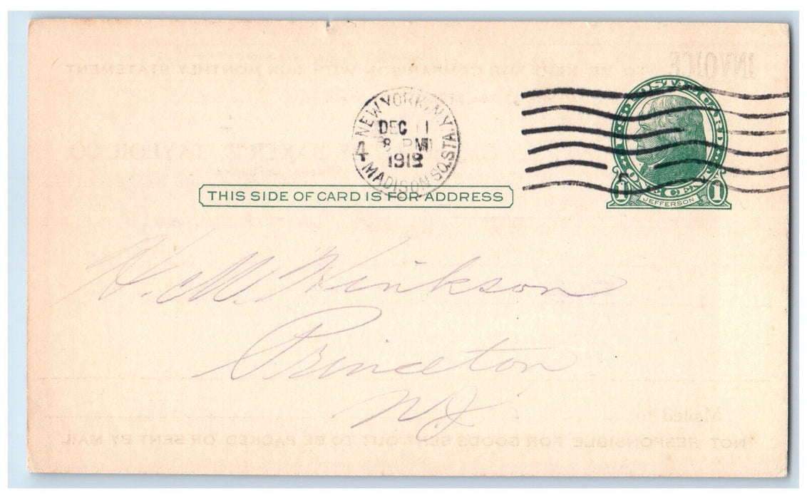 1919 Bought of The baker & Taylor Co. Invoice New York NY Posted Postal Card