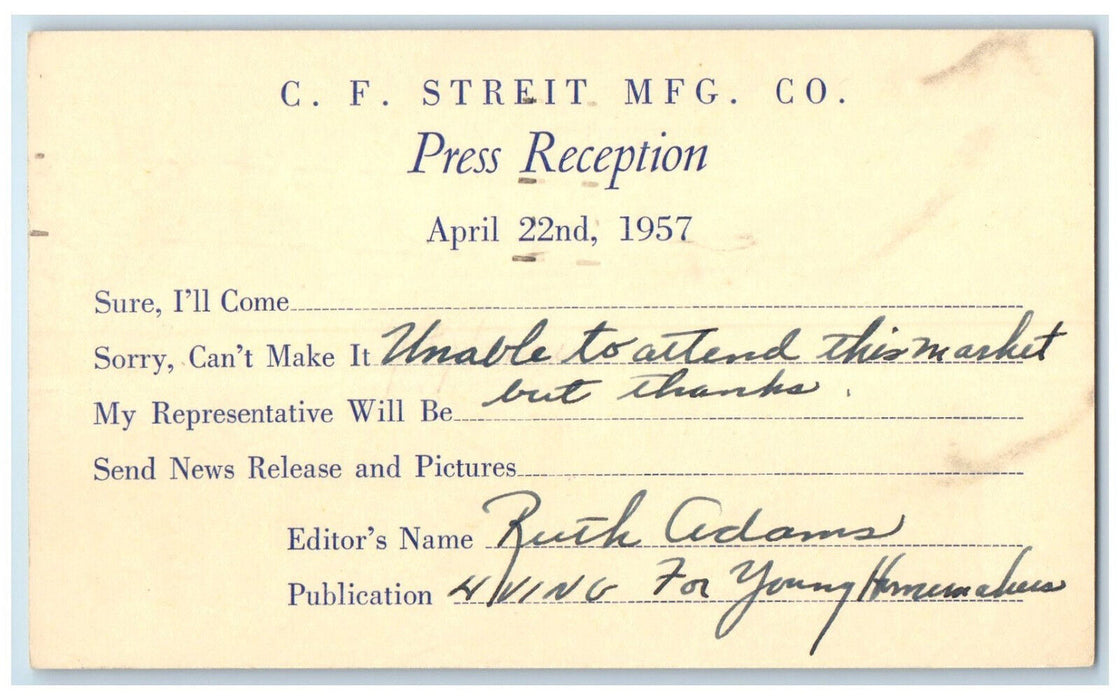 1957 C.F. Streit Manufacturing Company Press Reception New York NY Postal Card