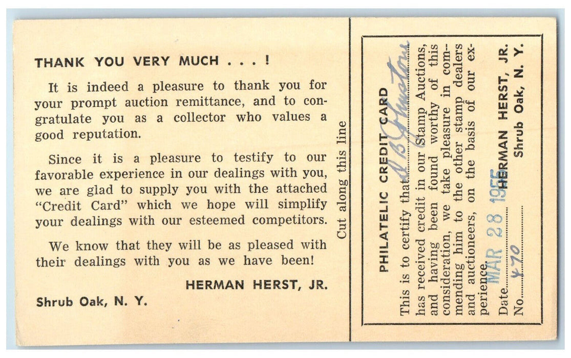 1955 Philatelic Credit Card Herman Herst Jr. Shrub Oak New York NY Postal Card