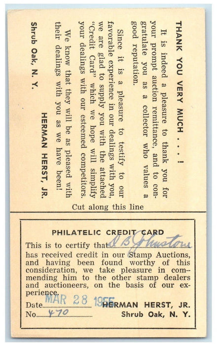 1955 Philatelic Credit Card Herman Herst Jr. Shrub Oak New York NY Postal Card