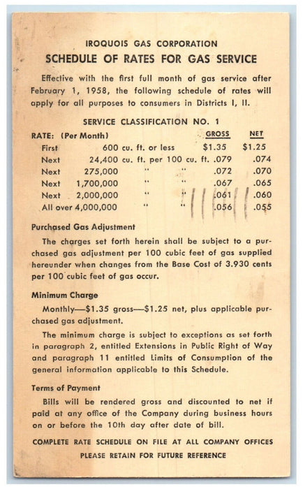 1958 Iroquois Gas Corporation Schedule of Rates For Gas Service NY Postal Card