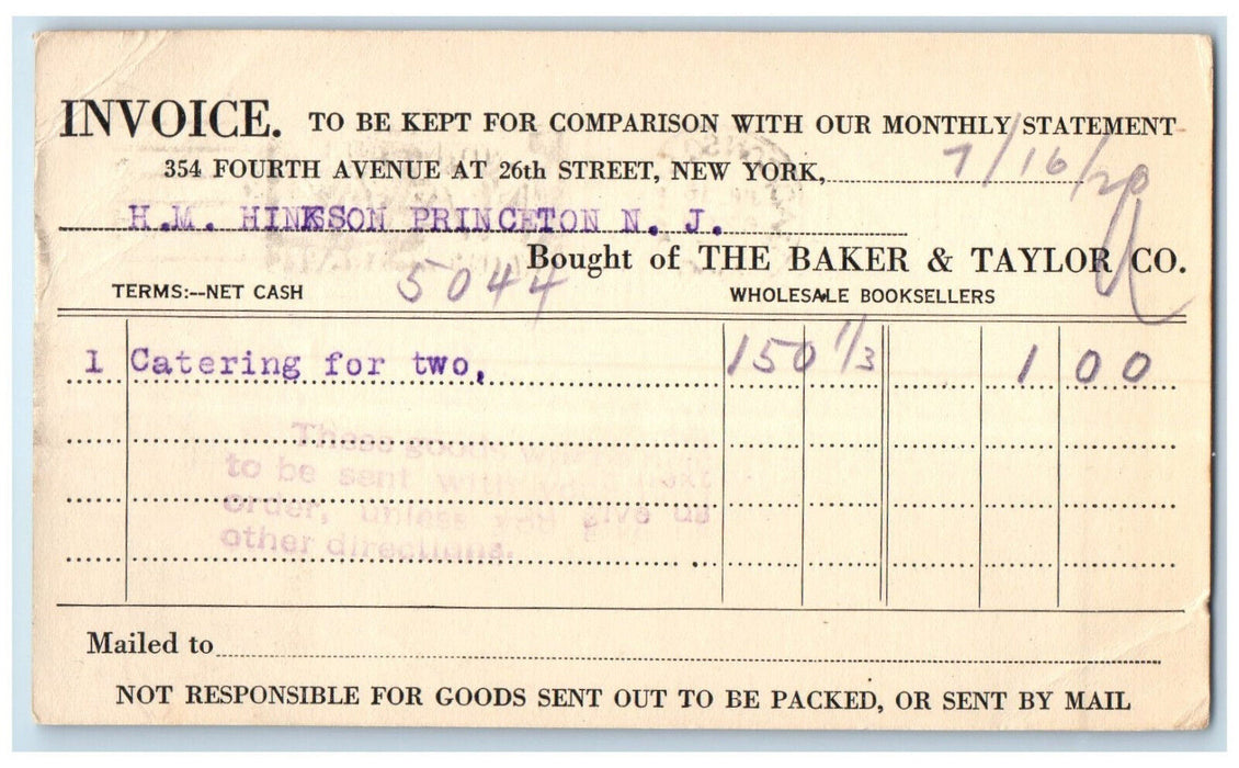 1920 Catering for Two Book The Baker & Taylor Co. New York NY Postal Card