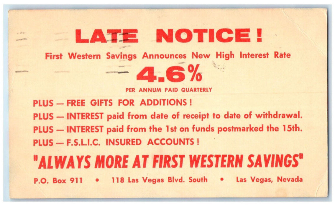 c1950's First Western Savings Late Notice 4.6 Las Vegas Nevada NV Postal Card