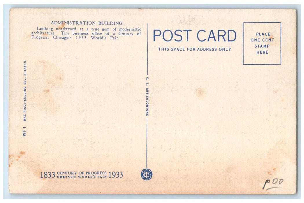 c1933 Administration Building Chicago World's Fair Northward Illinois Postcard