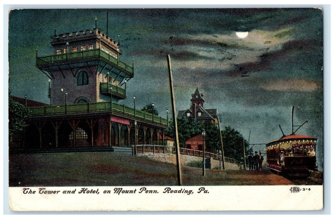 1907 Night Scene Tower Hotel Mount Pennsylvania Reading Pennsylvania PA Postcard